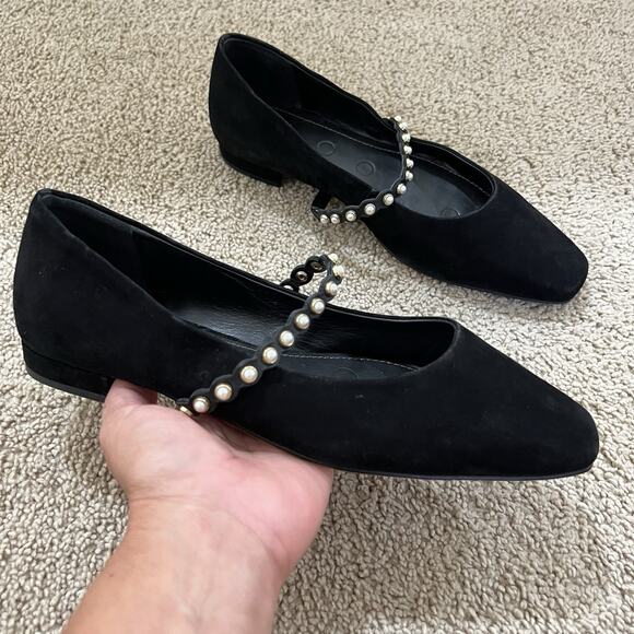 Boden Black Mary Jane Ballet Flats Pearl Strap Suede Size 39 Academia Office - Picture 3 of 9